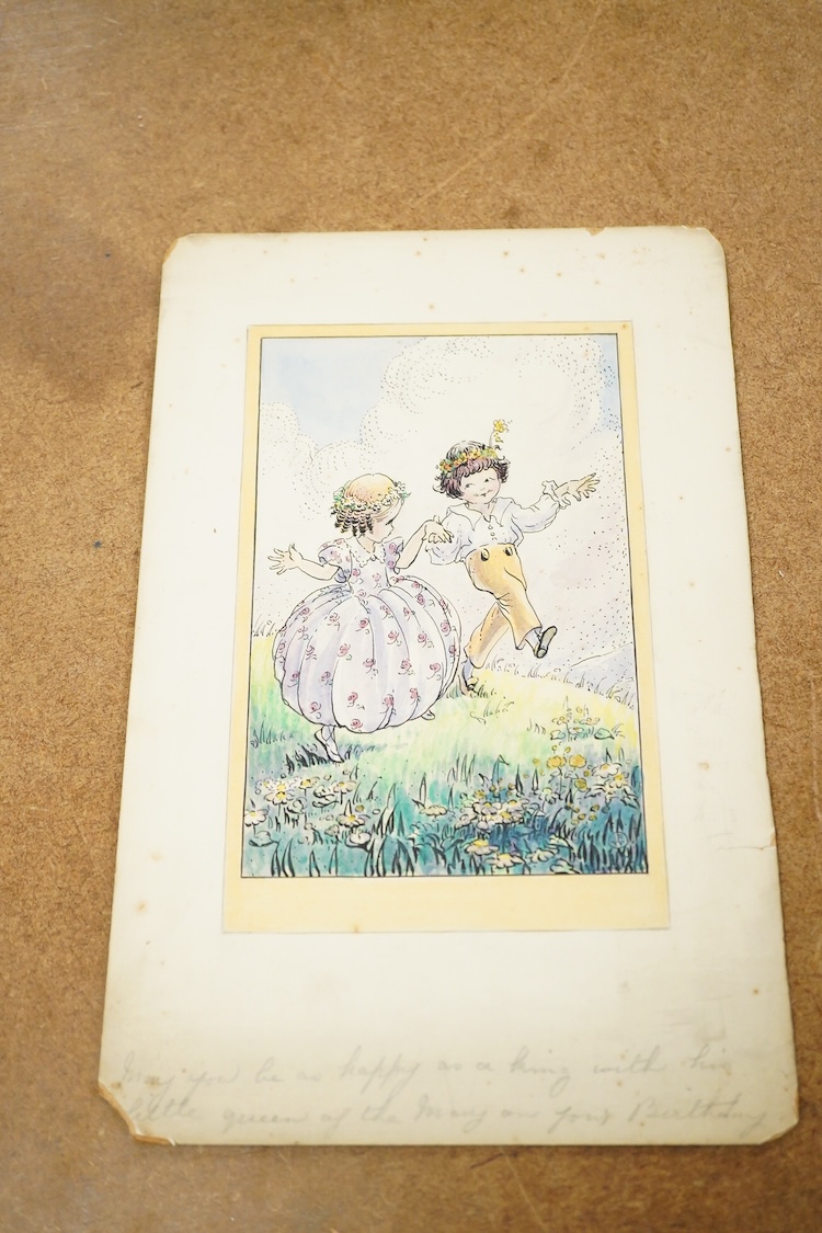 Flora White, Set of six original watercolours for children's postcard designs, to include Fairies and Children, each monogrammed, watercolours on card, unframed, largest 27 x 17cm